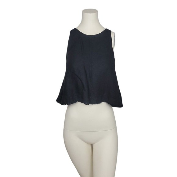 Aritzia Wilfred Black Octave Linen Tank Top Crop Blouse Fray Raw Hem Keyhole XXS - Picture 4 of 12